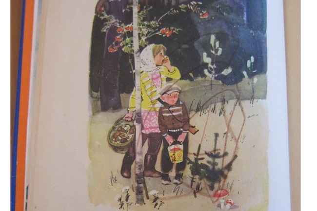 Russian bukvhar - alphabet book - brother and sister picking mushrooms and berries alone in the forest