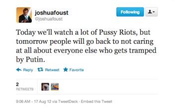 Tweet about Pussy Riot from Joshua Foust