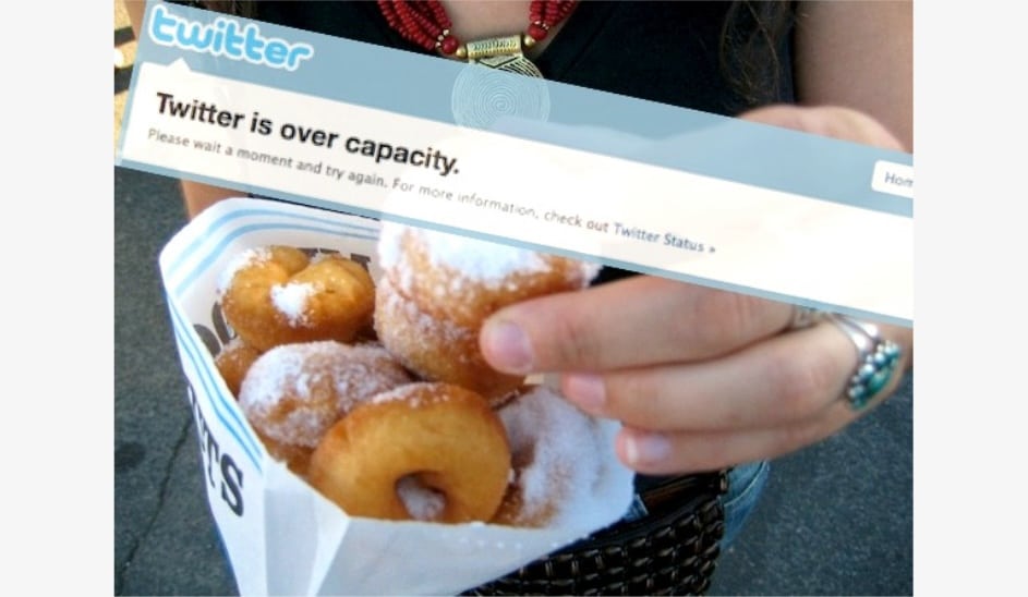 Woman holding bag of mini donuts, with a Twitter outage message over top